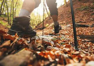Nahaufnahme auf einen Wanderer mit Laub auf dem Weg